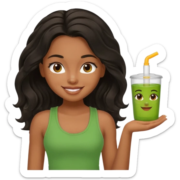 a pretty bratz brown girl with long wavy black color hair, brown eyes and green tank who is smiling sticker