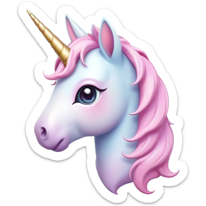 Cinematic Cute Unicorn Pony Portrait Emoji, Head tilted playfully and inquisitively, featuring a charming, diminutive form with a gentle pastel color, a delicate, sparkling horn and large, dreamy eyes full of wonder, Simplified yet irresistibly adorable features, highly detailed, glowing with a warm, magical glow, high shine, affectionate and lively, stylized with a touch of whimsical charm, soft glowing outline, capturing the essence of a mischievous yet endearing unicorn pony that seems as if it could prance out of the screen into your arms! sticker