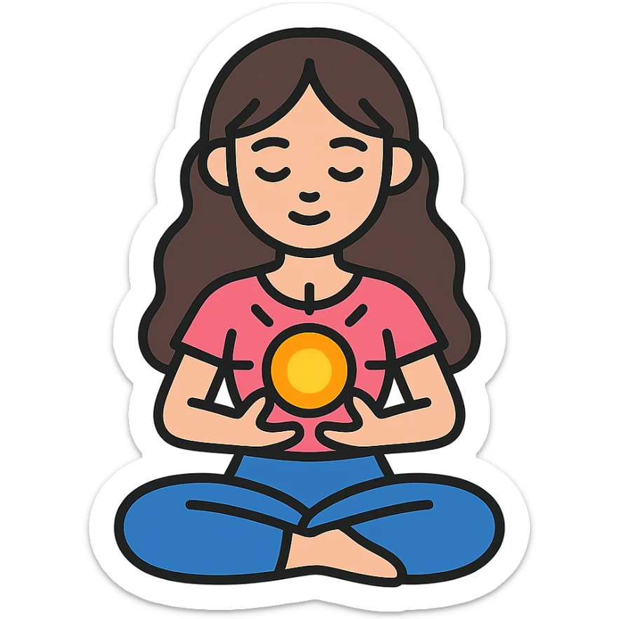 detailed feminine cute girl in lotus pose holding glowing energy orb, vector style with shadows and highlights, transparent background sticker