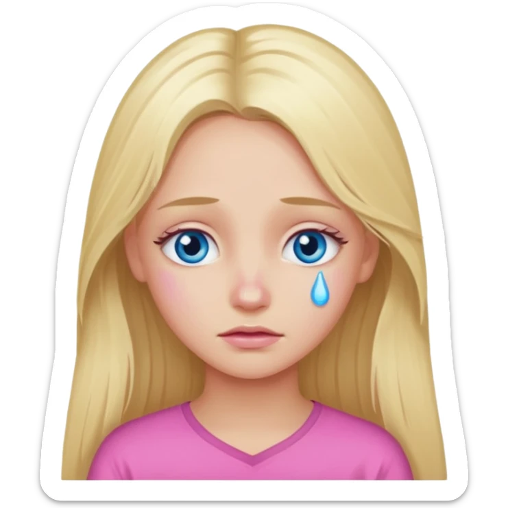 Blond long hair girl with blue eyes in pink with tears in eyes sticker