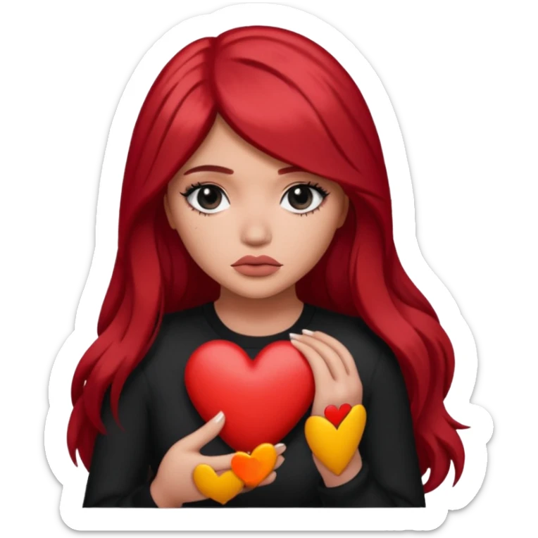 A Kylie Jenner with long red hair is sad and holds a black heart in her hands sticker