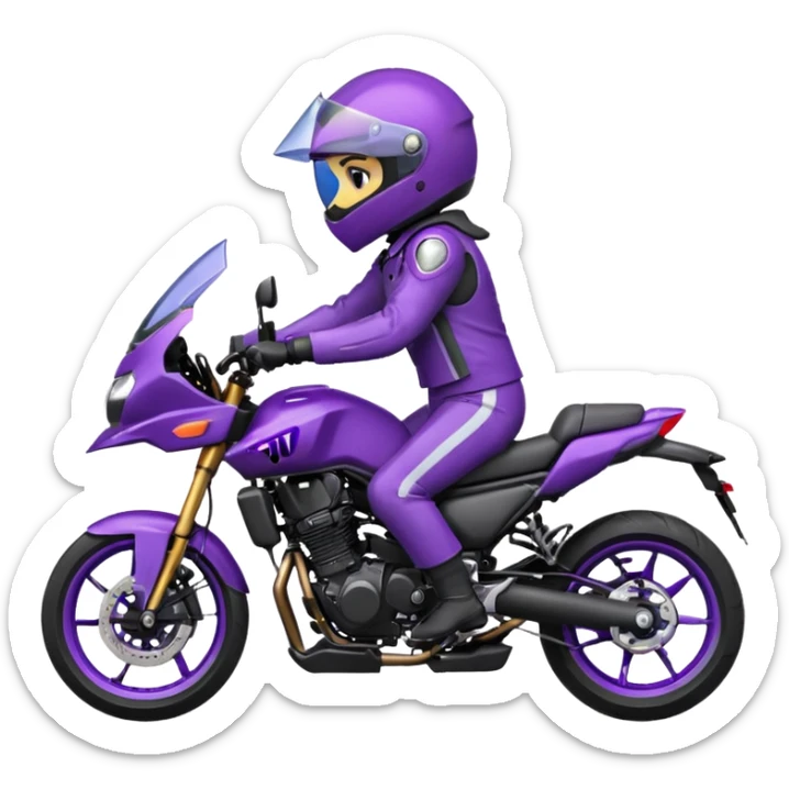 Créer un emoji avec une moto mt07 sport noir mate / violet iridescent très foncé, pare-brise de la moto violet. Avec une pilote dessus visière violet sombre visage caché . Avec fond arrière violet en arrière plan. sticker