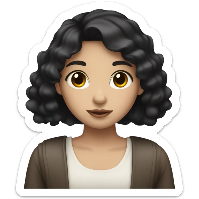 Girl with short black hair, white skin and brown eyes drinking a sticker