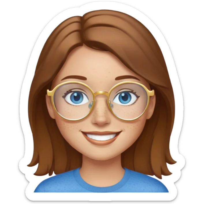 Girl with light skin, brown hair, blue eyes, freckles, and gold glasses smiling sticker