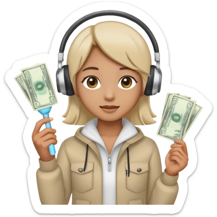 cute emoji style illustration of a K-pop fan holding a bright lightstick in one hand and cash money bills in the other hand, wearing a large headset on the head, round face, simple eyes, flat vector style, soft colors, transparent background, clean outline sticker