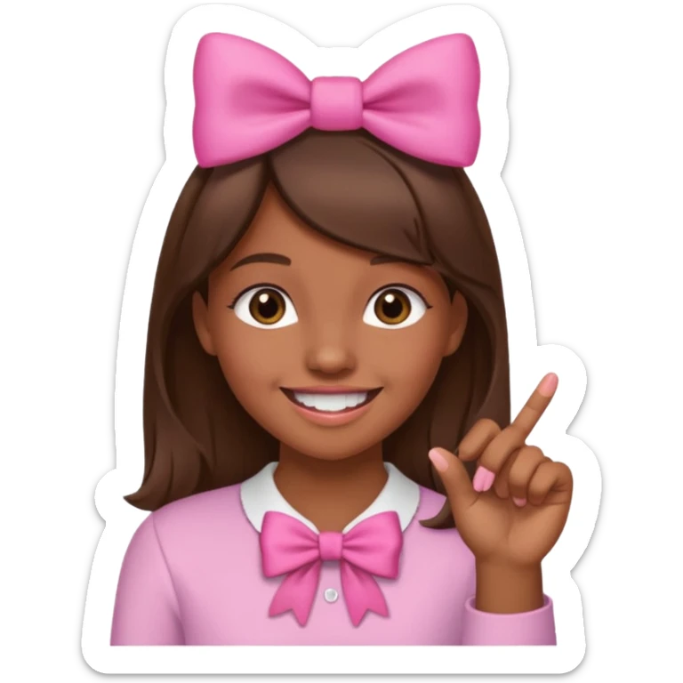 Chica con pelo marron sonriendo con un lazo rosa en la cabeza y mordiendose la punta del dedo indice con delicadeza y la otra mano que no salga en el emoji sticker