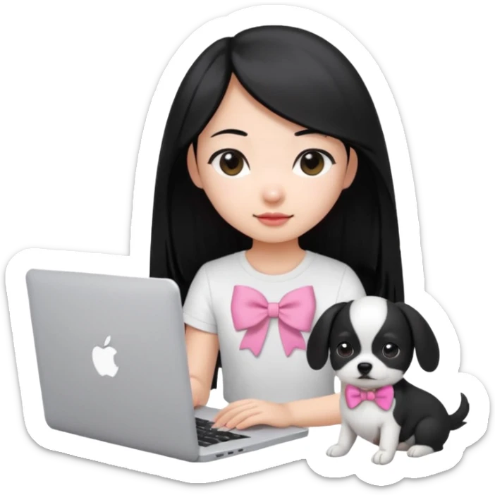 Asian girl long black hair, wearing a white t-shirt, working on an Apple laptop, next to her is a small black and white dog in pink bow sticker
