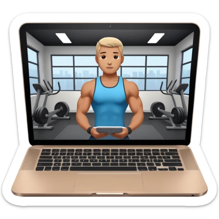Open laptop on a dark background, showing a male fitness trainer inside a modern professional gym on the screen— smooth rounded edges, soft lighting, no text or logos, minimalistic and high-quality rendering. Only the laptop is visible, centered sticker