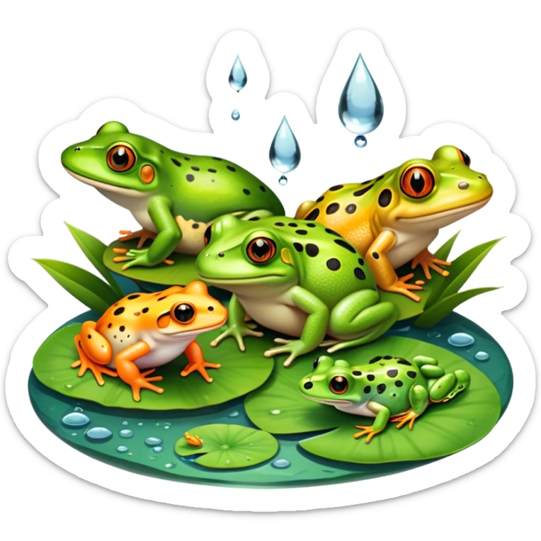 Icon for Amphibians: A colorful collage with various amphibians like a bright green frog sitting on a lily pad, a small salamander with orange spots, and a toad with bumpy skin. Water droplets around them and a pond in the background. Transparent background. sticker