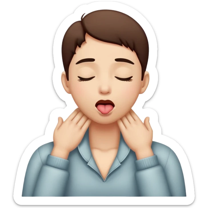 person putting hands on top of their neck with tongue out and eyes closed sticker