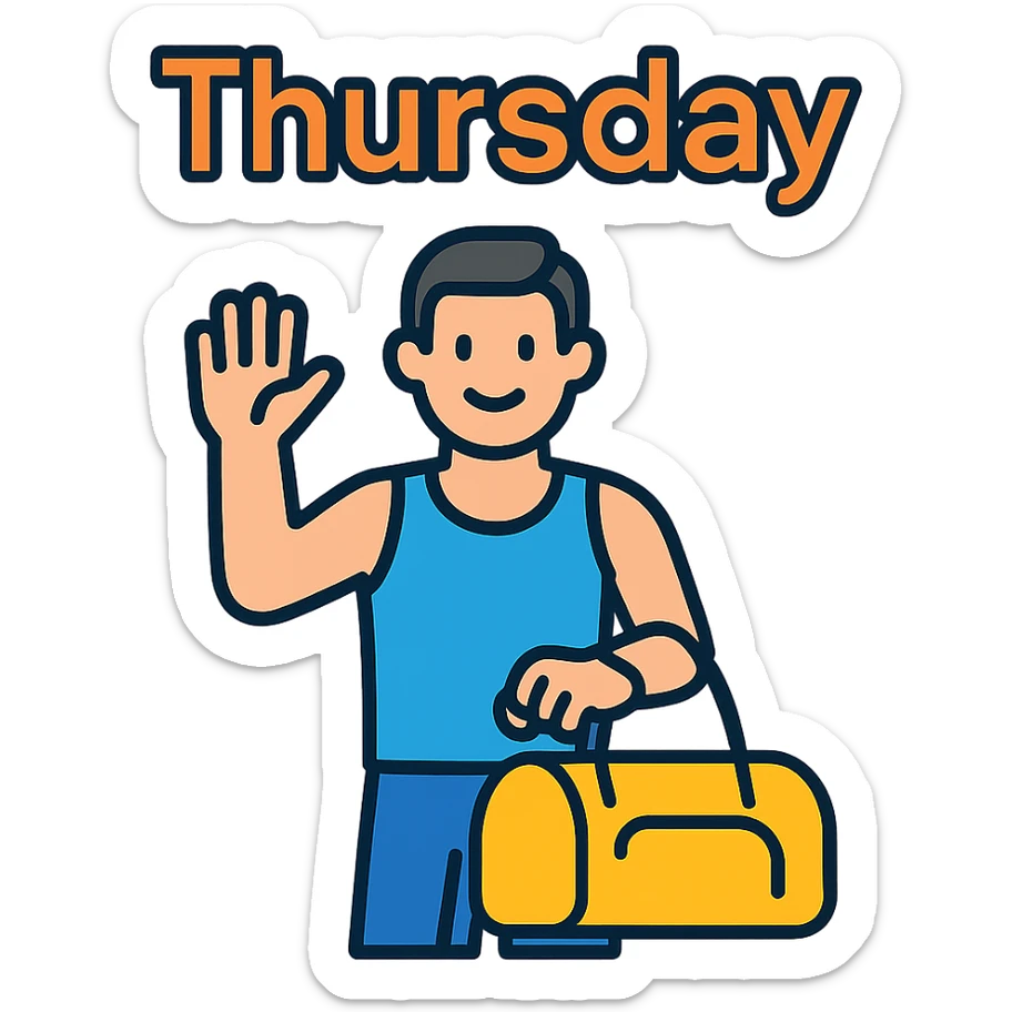a sportsman holding his gymbag waving his hand goodbye. The word Thursday is above the sportsman sticker