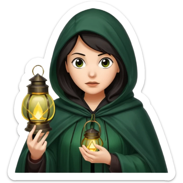 traitor tv show, dark haired woman wearing dark green cloak with hood up who looks very evil, is holding up a lantern, and looking down sticker