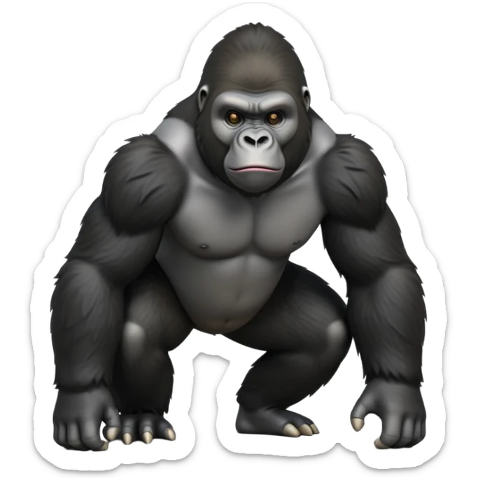 cinematic-friendly gorilla-realistic-full-body-crouched on all fours-emoji,-broad-and-powerful-frame-poised-with-confidence,-massive-arms-hanging-slightly-forward,-head-tilted-thoughtfully,-thick-black-fur,-deep-dark-eyes-full-of-intelligence,-simplified-yet-realistic sticker