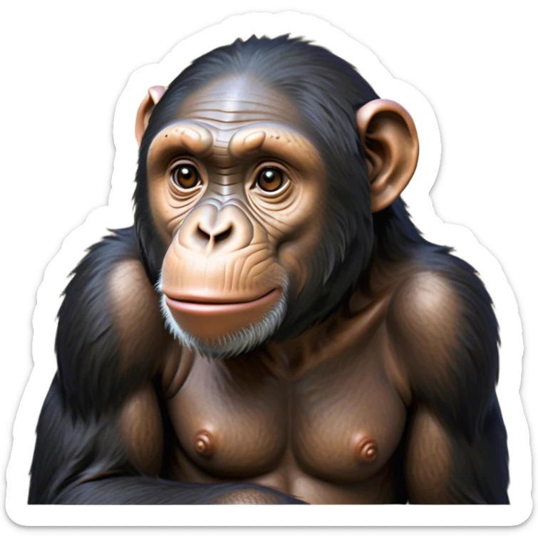 Cinematic Noble Chimpanzee Portrait Emoji, Poised and wise, with a lean, agile build adorned with textured fur and deep, thoughtful eyes, Simplified yet sharp and sophisticated features, highly detailed, glowing with a soft, contemplative glow, high shine, intelligent and vigilant, stylized with an air of primate regality, focused and attentive, soft glowing outline, capturing the essence of a watchful guardian that feels as though it could step out of the screen with effortless authority! sticker
