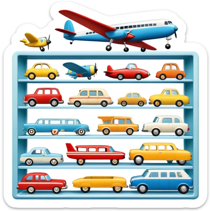 Icon for Toy Collecting: a collection of various vintage toys such as dolls, plush animals, tumblers, cars, planes, ships, action figures, displayed neatly on shelves or in display cases. The icon should evoke the joy and nostalgia of collecting toys. Transparent background. sticker