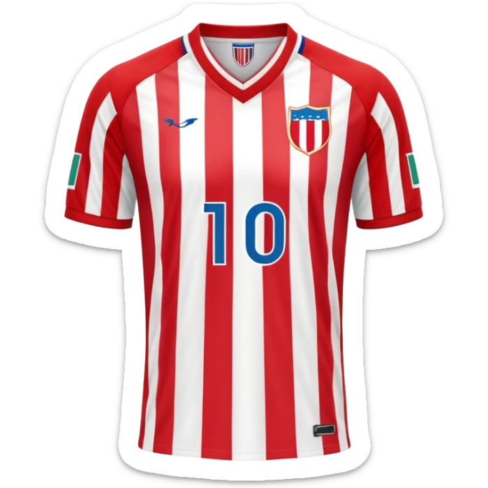 Red and white football jersey with vertical stripes, inspired by Paraguay's national team sticker