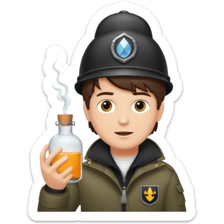 erstell ein bild Von eine jungen der braune augen hat eine sturmhaube trägt und eine Jacky flasche in der Hand hebt plus eine Jacke mit schwarzen fell sticker