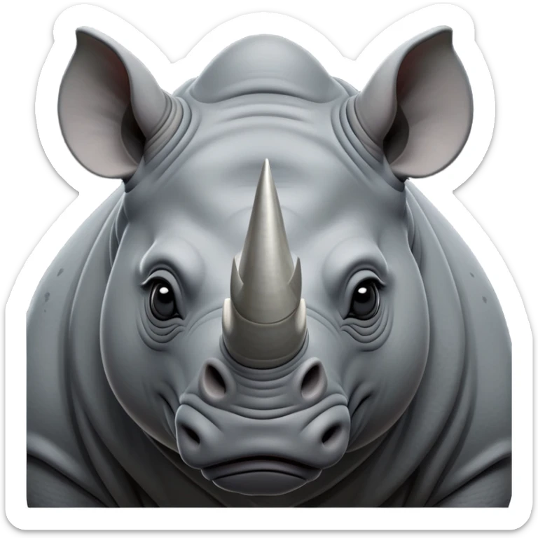 cinematic-noble--rhinoceros-portrait-emoji,slate-grey-hide--poised-and-regal,-with-a-massive,-powerful-build-and-a-thick,-deep-set-soulful-piercing-eyes,-simplified-yet-sharp-and-sophisticated-features,-highly-detailed,-large-black-eyes, zoomed out showing shoulders sticker