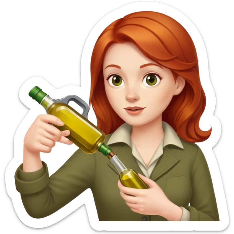 redhead person holding olive oil bottle like a pistol, playful pose sticker