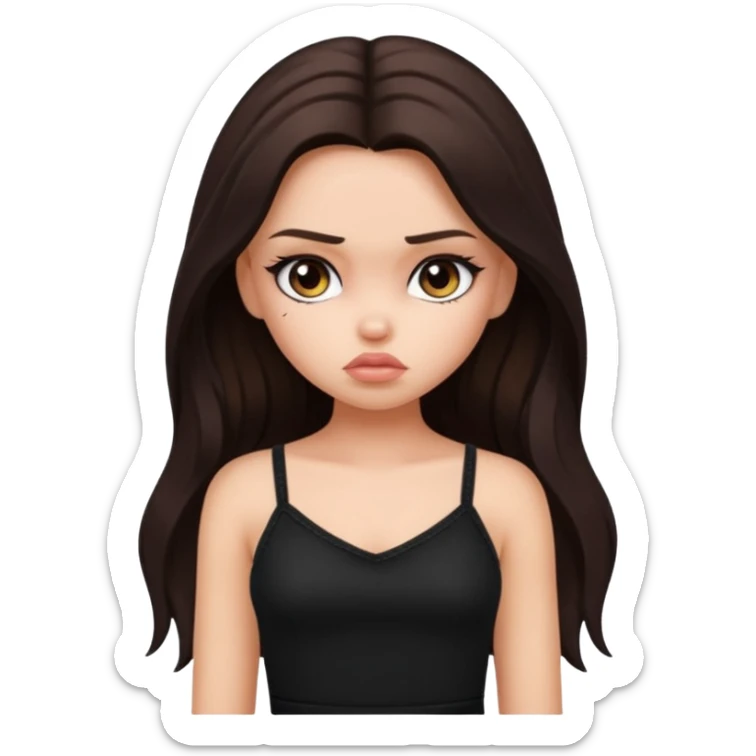 generate a pretty fair bratz girl with long dark brown hair looking sad. Wearing a black cami sticker
