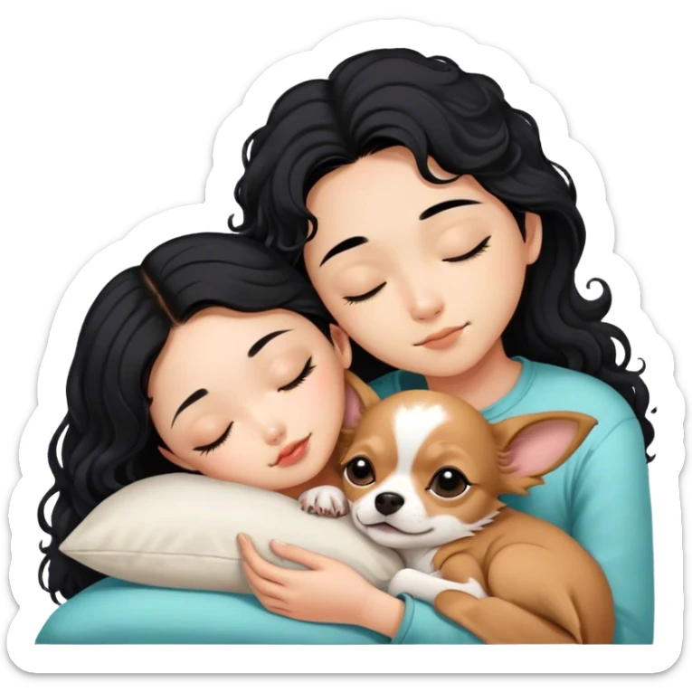 Coquette teenage cute asian black hair girl sleeping with brown longhair chihuahua and guy with black curly hair sticker
