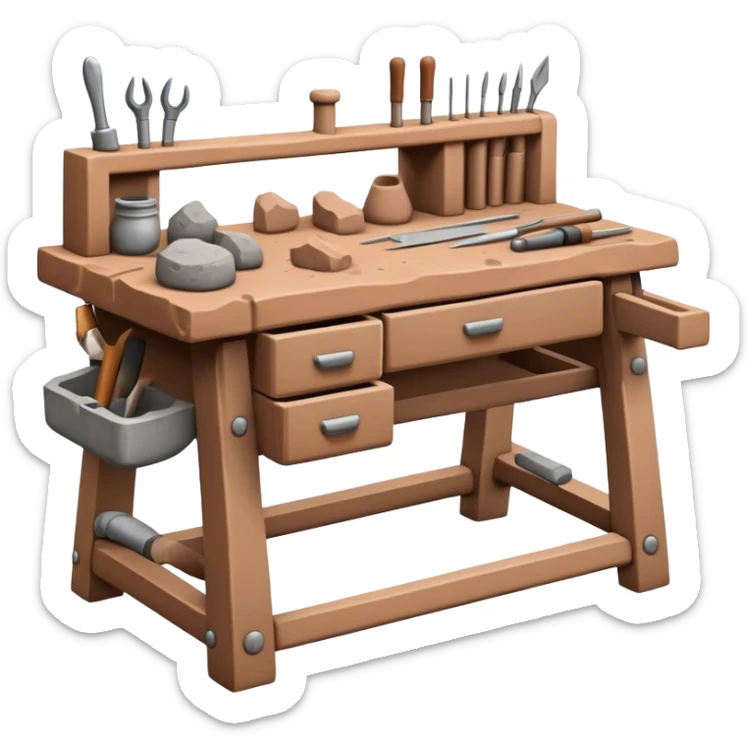 Cinematic Realistic image of a workbench set with a lump of pliable clay and artisanal sculpting tools, rendered with finely detailed textures that reveal subtle clay particles and well-worn tool surfaces, bathed in warm, focused studio lighting sticker