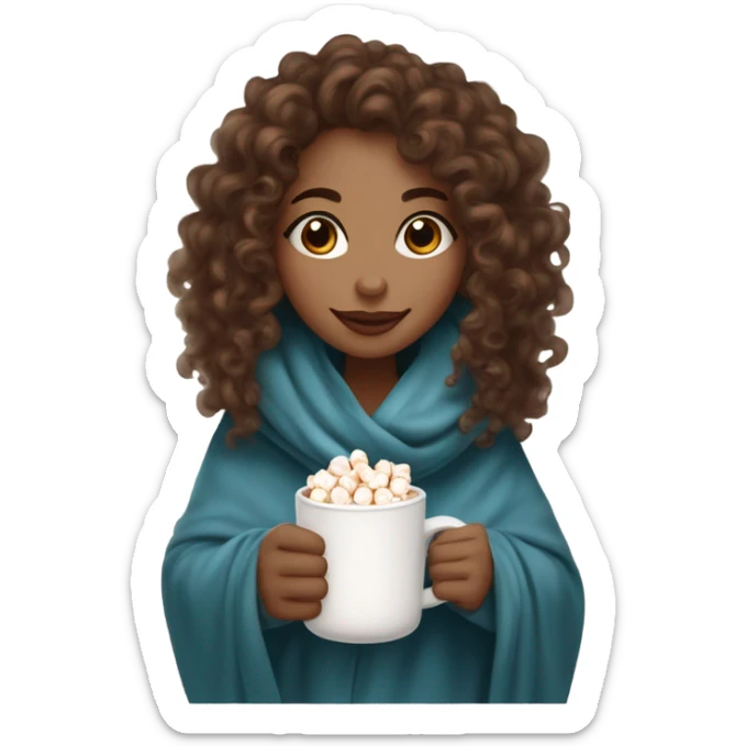 Light skin girl with brown curly hair under our blanket, make it so you can see the curly hairsipping hot cocoa with marshmallows, cuddled around the blanket, long curly hair, long, medium lashes sticker