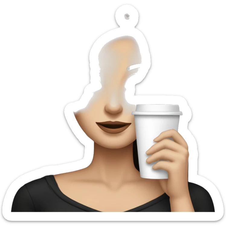 brunette long straight hair white skin woman in black long sleeve holding shopping bags and a coffe cup sticker