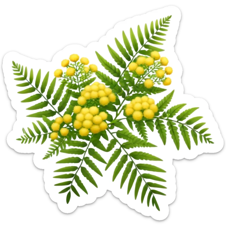 Cinematic Realistic Acacia Emoji, Bright and cheerful, with clusters of fluffy yellow flowers blooming along delicate branches. The wattle’s soft, fern-like leaves sway in the breeze, radiating a sense of warmth and joy. Soft glowing outline, capturing the essence of Australian sunshine, warmth, and beauty in a vibrant acacia tree! sticker
