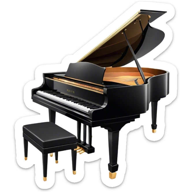 Cinematic Realistic Piano, glossy black grand piano with elegantly curved edges, pristine white and black keys, soft golden light reflecting off its polished surface, faint reflections of a musician’s hands, glowing with refined elegance and musical depth. sticker