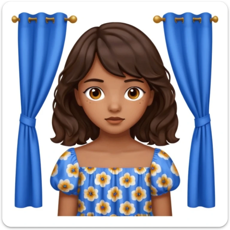 Teenage girl with golden brown skin, chocolate brown eyes, dark wavy hair with curtain bangs, and blue floral dress sticker