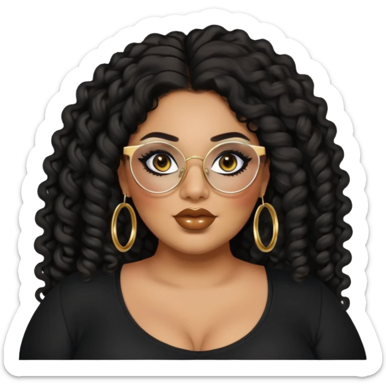 big plus size, latina, darker tan skin, gold hoops, long black curly hair, baddie,pretty, makeup, lipgloss, black eyeliner, long hair, black top, black glasses sticker