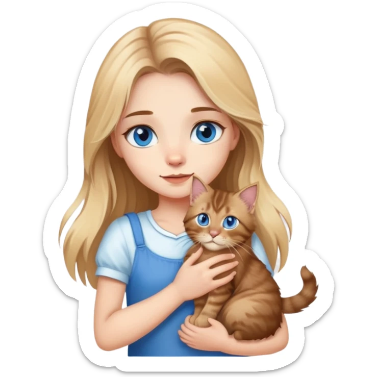 A blonde blue eyes girl holds a brown Maine Coon cat in her arms sticker