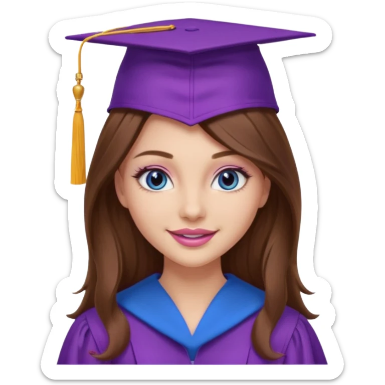 girl with gorgeous long brown hair, blue eyes, long lashes makeup, sexy pink lips, wearing a purple graduation cap and gown sticker