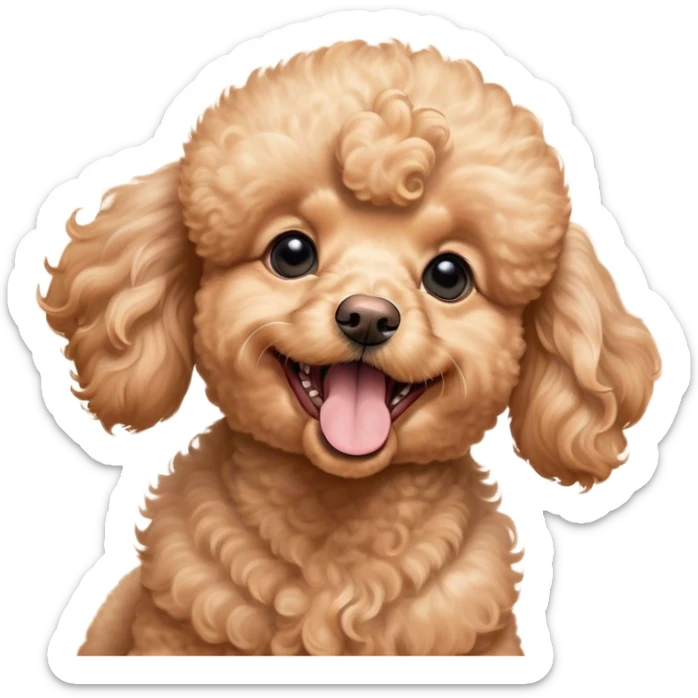 Cinematic Cute Yawning Apricot Poodle Portrait Emoji, Head tilted slightly with a dramatic, wide-open yawn, displaying a soft, curly apricot Fur with delicate texture, floppy ears slightly drooping, round warm eyes barely open in drowsy contentment, Simplified yet irresistibly adorable features, highly detailed, glowing with a soft, cozy glow, high shine, relaxed yet expressive, stylized with a touch of whimsy, bright and endearing, soft glowing outline, capturing the essence of a sleepy yet affectionate companion, so drowsy it feels like it could stretch right out of the screen and curl up for a nap! sticker