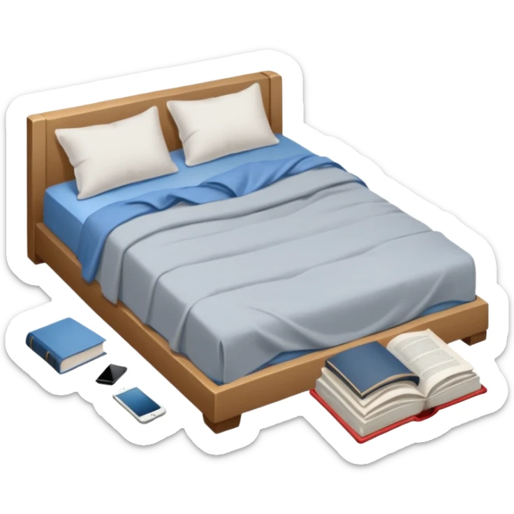 messy bed with a wrinkled blanket, the pillow out of place on the floor. Around the bed, scattered items include a t-shirt, pants, and an open book on the floor. sticker