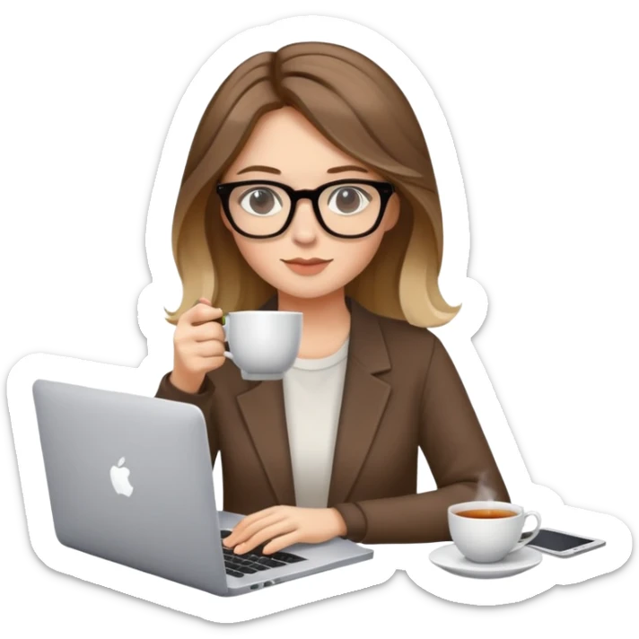 Chica con el pelo castaño con balagage rubias y gafas, está tomándose un té y trabajando con su laptop Apple  sticker