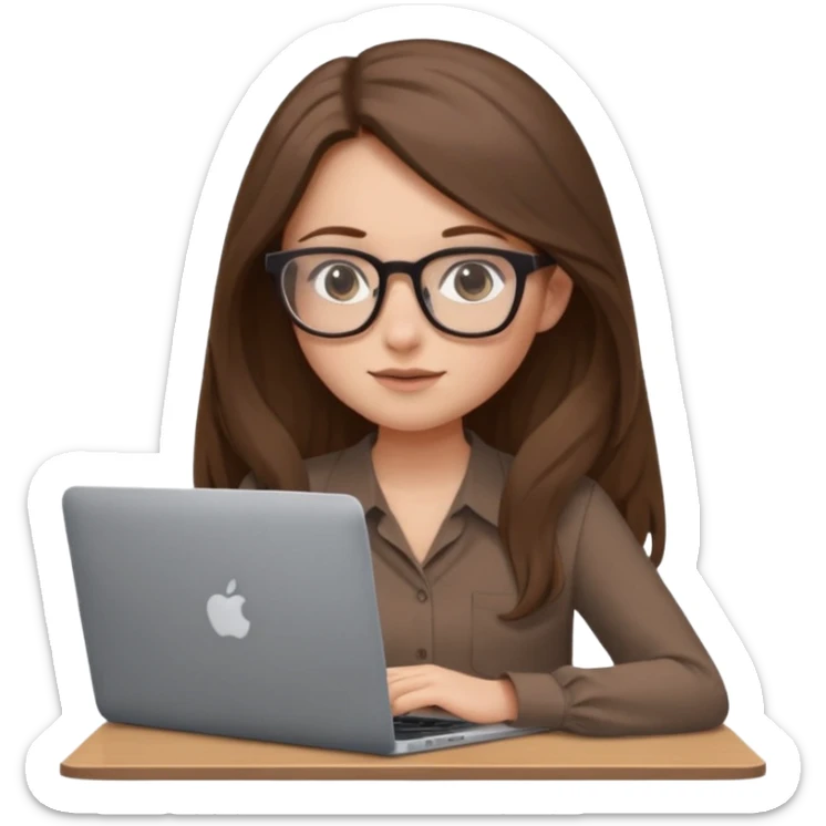 Girl in glasses,brown long hair, brown blouse, sitting with gray MacBook sticker