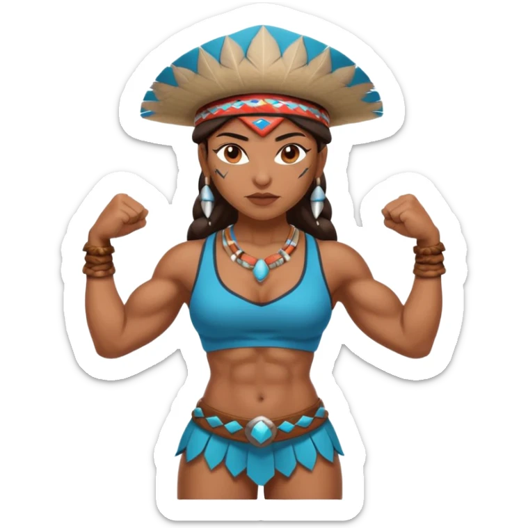 native american brown skin sexy girl, flexing muscles, full body, muscled, with traditional outfit and hat sticker