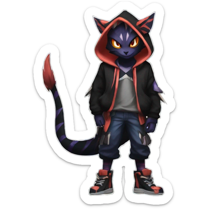 Cool Anthro Black Noivern-Absol-Litten-Pokémon with edgy stripes hoodie spiked collar punk Full Body sticker