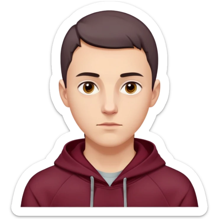 young white European male with short buzzcut dark hair, smooth clear skin, wearing a maroon hoodie with the hood up, oval-shaped face, defined jawline, high cheekbones, symmetrical features, sharp focused eyes, straight prominent eyebrows, calm neutral expression sticker