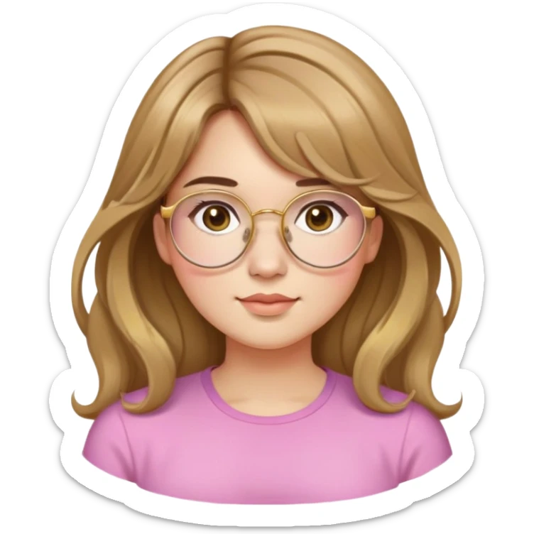 young adult woman with light skin, round face, prominent cheeks, medium plump body, long light brown hair with golden highlights, voluminous and wavy, long bangs over eyebrows, large octagonal glasses with thin golden or light pink frame, casual dark shirt sticker