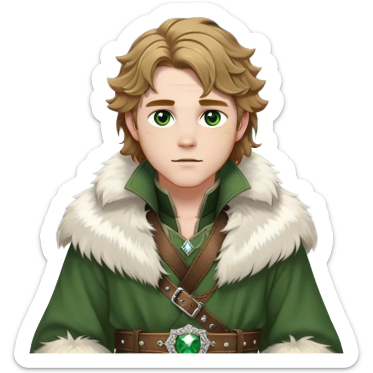 Medieval winter outfit worn by a DnD themed fantasy male character. Heavy olive green wool tunic with lynx fur collar, secured with ornate silver fastenings and a thick embossed leather belt. Clothes only above the waist, full waist coverage. The character has no arms. Character is white-skinned with golden brown hair, forest green eyes, and shoulder-length wavy hair with ice-crystal highlights. sticker