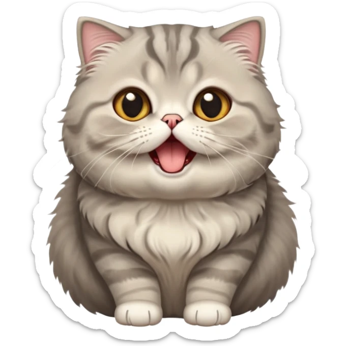 Cinematic-Adorable-Scottish-Fold-Cat-Portrait-Emoji – Big-eyed, fluffy Scottish Fold cat with a playful head tilt and a cute yawn, soft solid grey fur, tiny folded ears giving it an irresistibly sweet expression, simplified yet charmingly cute features, round amber eyes full of curiosity, highly detailed with a gentle glow. sticker