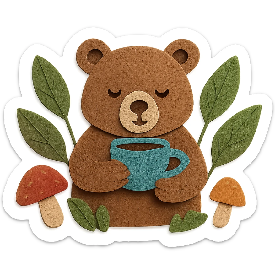 little bear sipping tea in the forest, surrounded by leaves and mushrooms, paper-craft style sticker