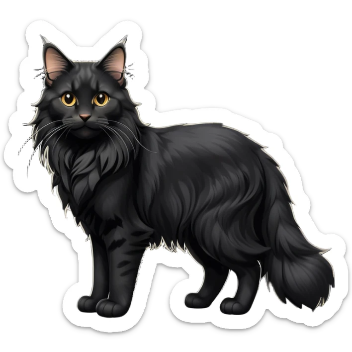 cinematic-black-maine-coon-cat-full-body-on all fours-emoji,-head-tilted-playfully-and-inquisitively,-sleek-solid black-fur,-simplified-yet-adorable-features,-highly-detailed,-glowing-with-a-warm,-friendly-glow -simplified-yet-realistic sticker