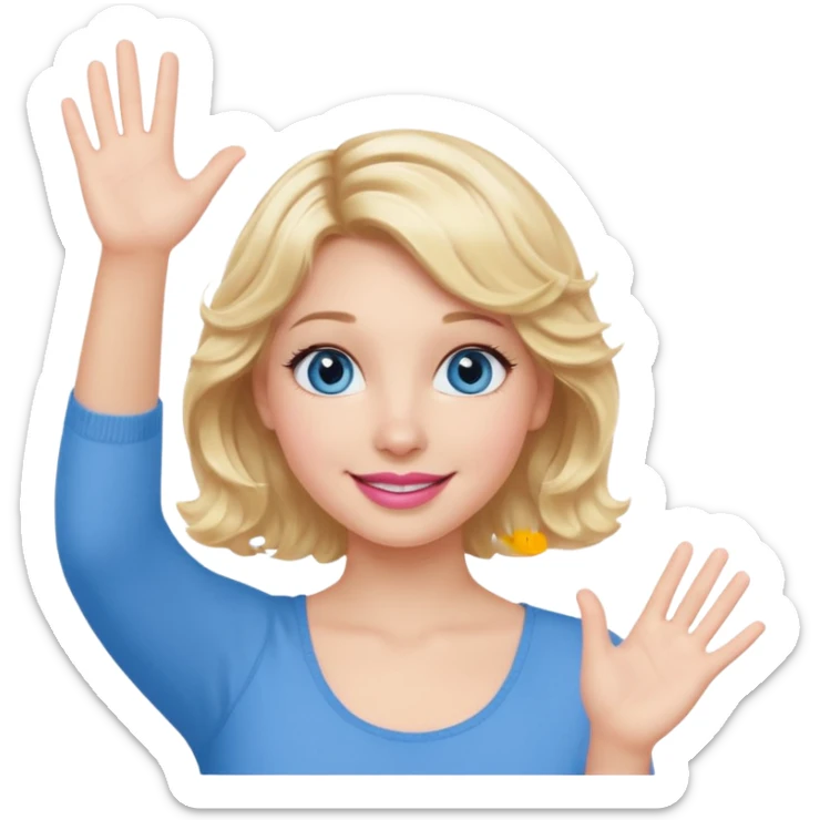 Girl Blonde short wavy hair,  blue eyes, cute blue top, long lashes, pink lips, smiling, waving hello  sticker