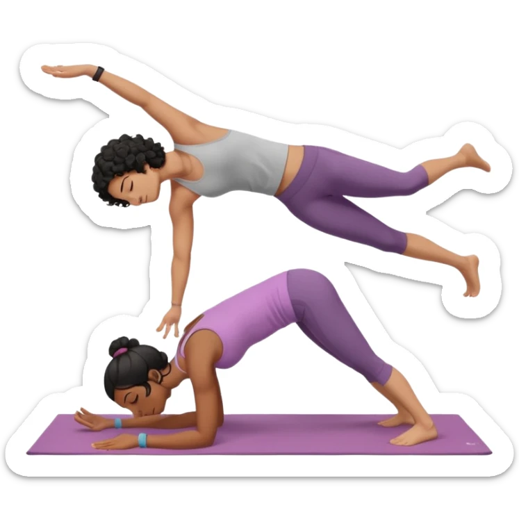 A white guy with black curly hair and an India girl doing yoga together in downward dog sticker