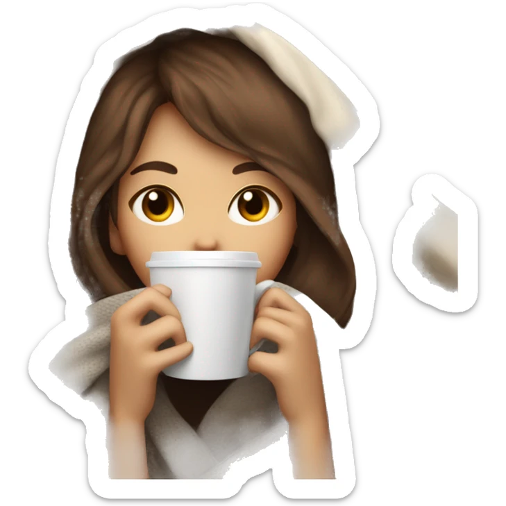 girl inside a blanket sipping coffee eyes closed white skin, brown hair and bangs sticker