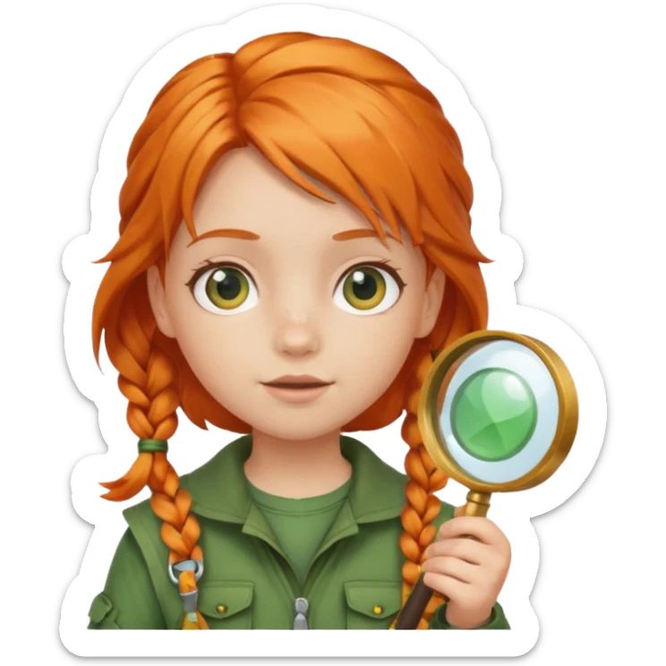 braid orange haired girl kid in green explorer outfit, holding magnifying glass sticker